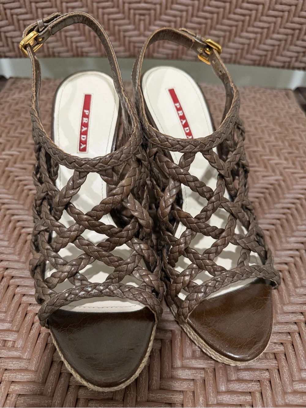 New Prada Brown Braided Espadrille Wedge Sandals